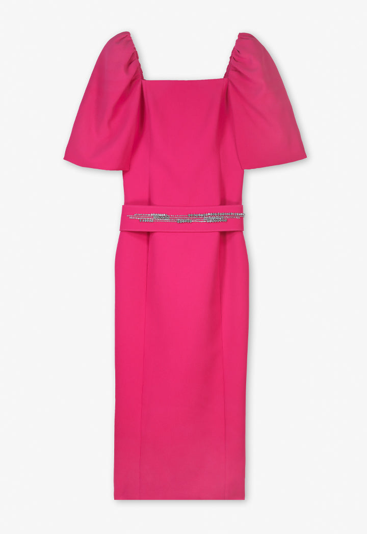 Choice Single Tone Puff Sleeves Belted Dress Fuchsia