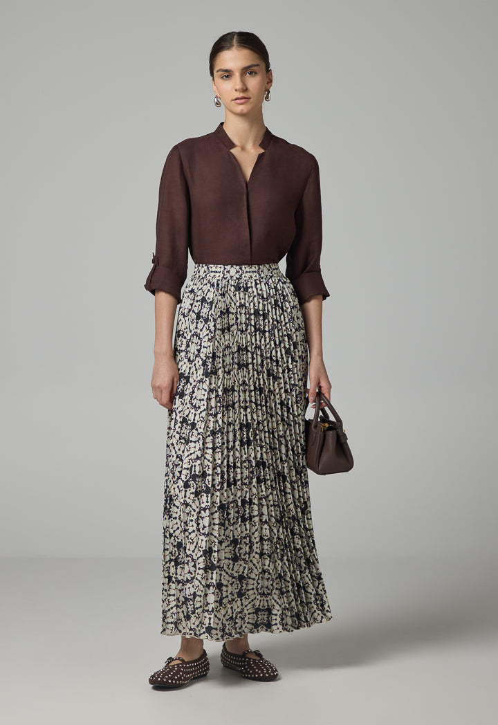 【marron♡ 】L'Or Belted Pleats Dress Choice Printed Pleated Elastic Waistband Skirt Brown