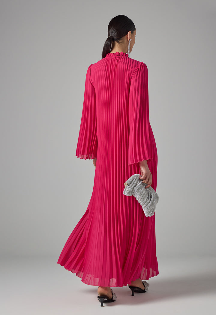 Choice Long Sleeves Pleated Maxi Dress Fuchsia