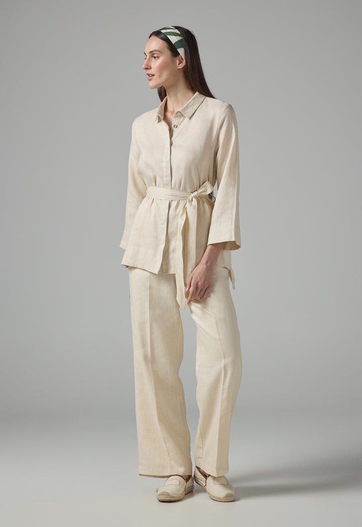 Choice Solid Long Sleeve Belted Shirt Beige