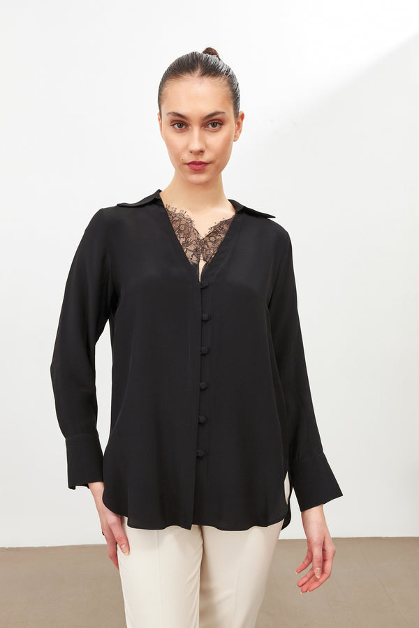 Setre Lace Detail Long Sleeve Shirt With Collar Black