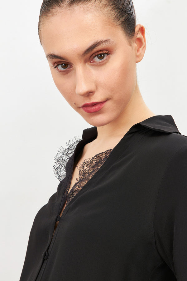 Setre Lace Detail Long Sleeve Shirt With Collar Black