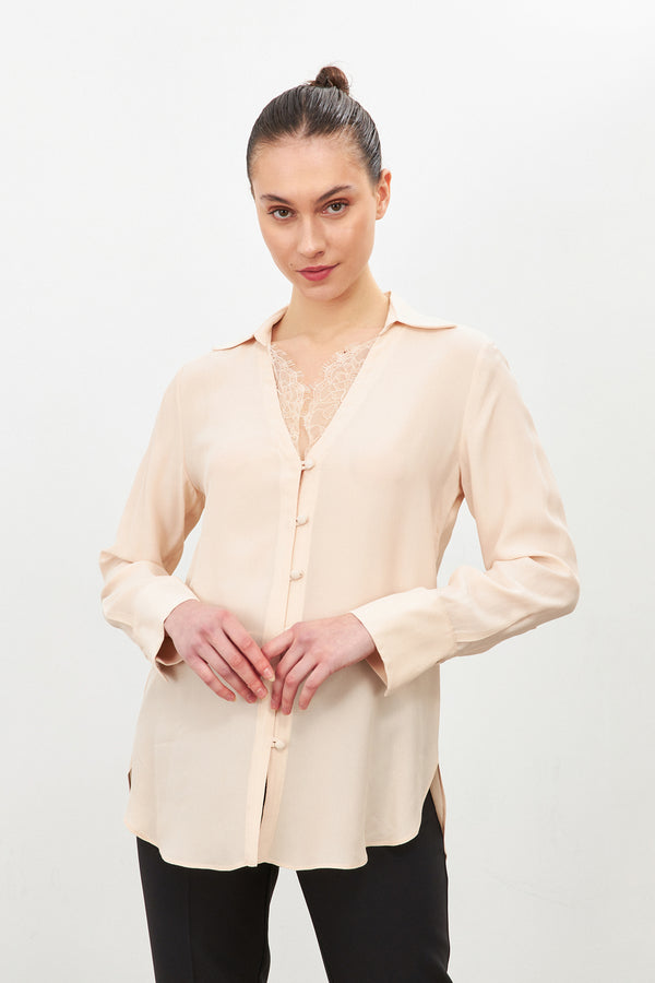 Setre Lace Detail Long Sleeve Shirt With Collar Beige