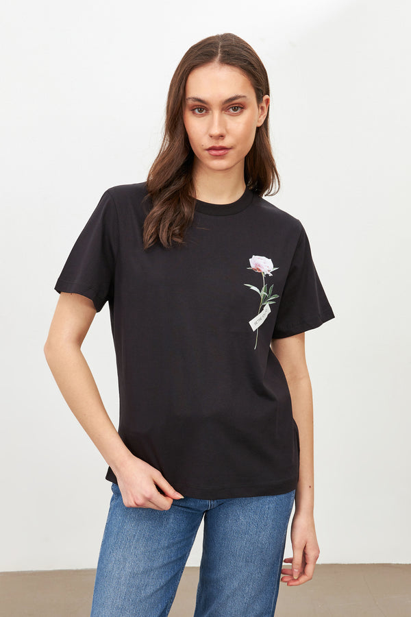 Setre Flower Detail Setre Banded T-Shirts Black