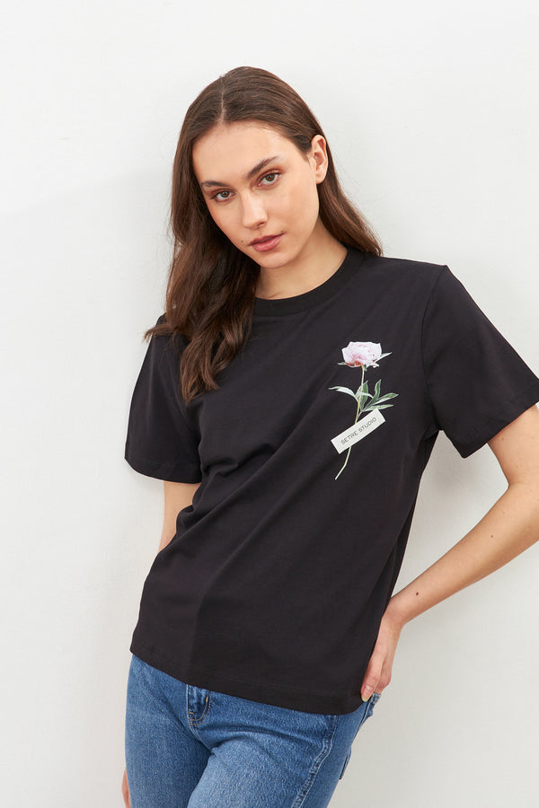 Setre Flower Detail Setre Banded T-Shirts Black