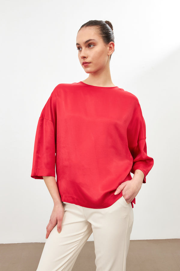 Setre Crew Neck Three-Quarter Sleeve Detailed Blouse Red