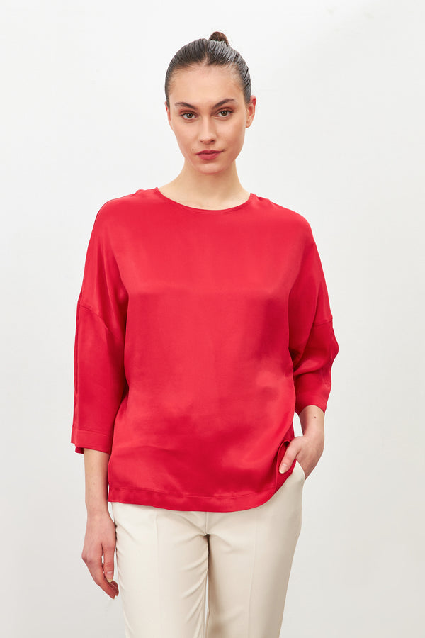 Setre Crew Neck Three-Quarter Sleeve Detailed Blouse Red