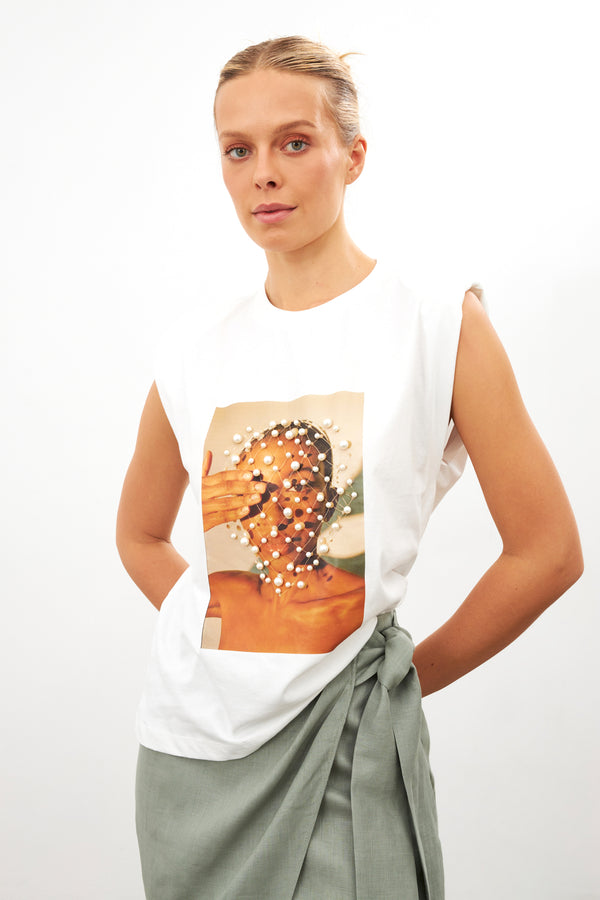 Setre Pearl Detail Printed Padded Sleeveless T-Shirt Ecru