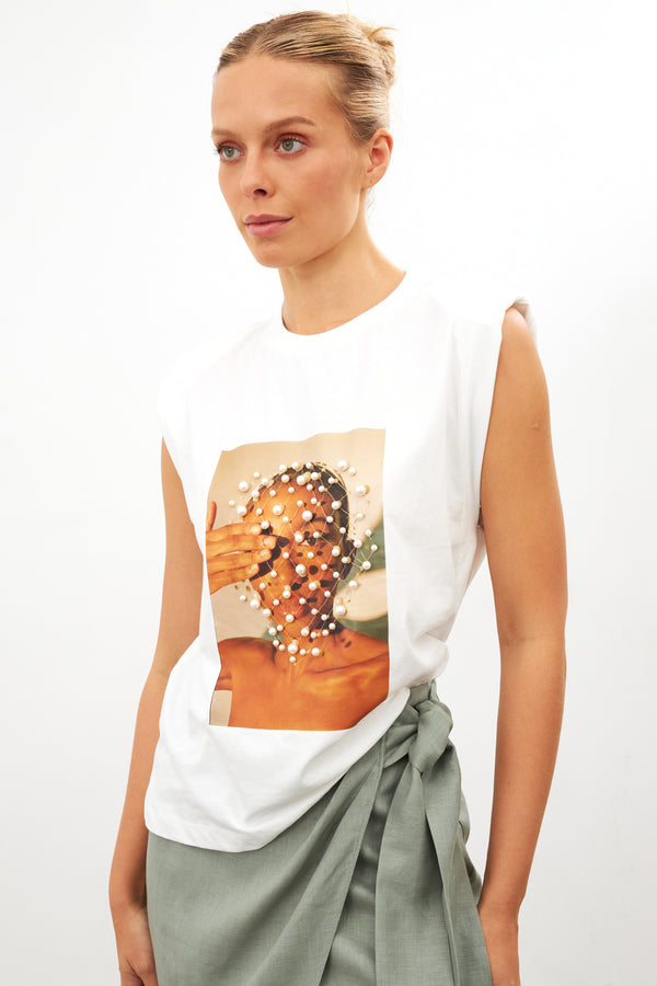 Setre Pearl Detail Printed Padded Sleeveless T-Shirt Ecru
