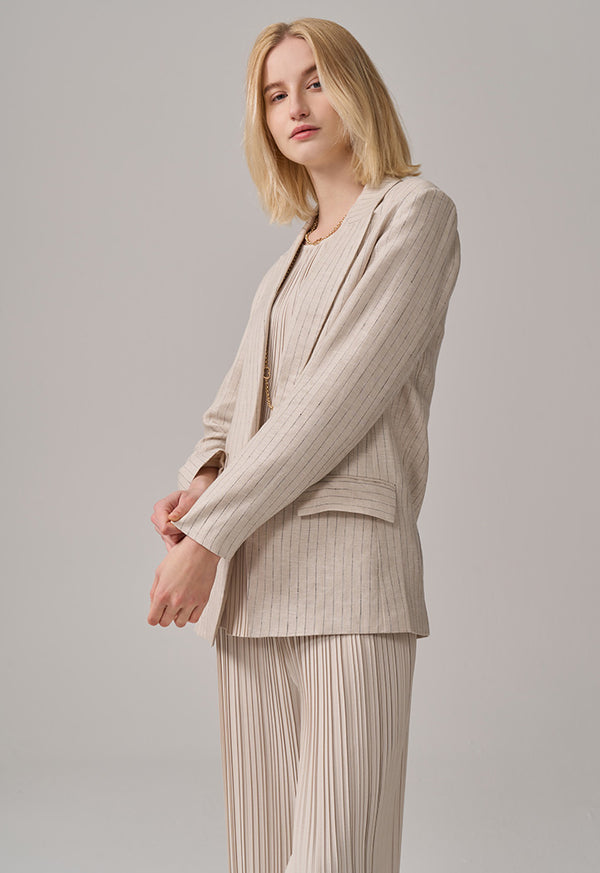 Choice Striped Long Sleeve Linen Blazer Beige