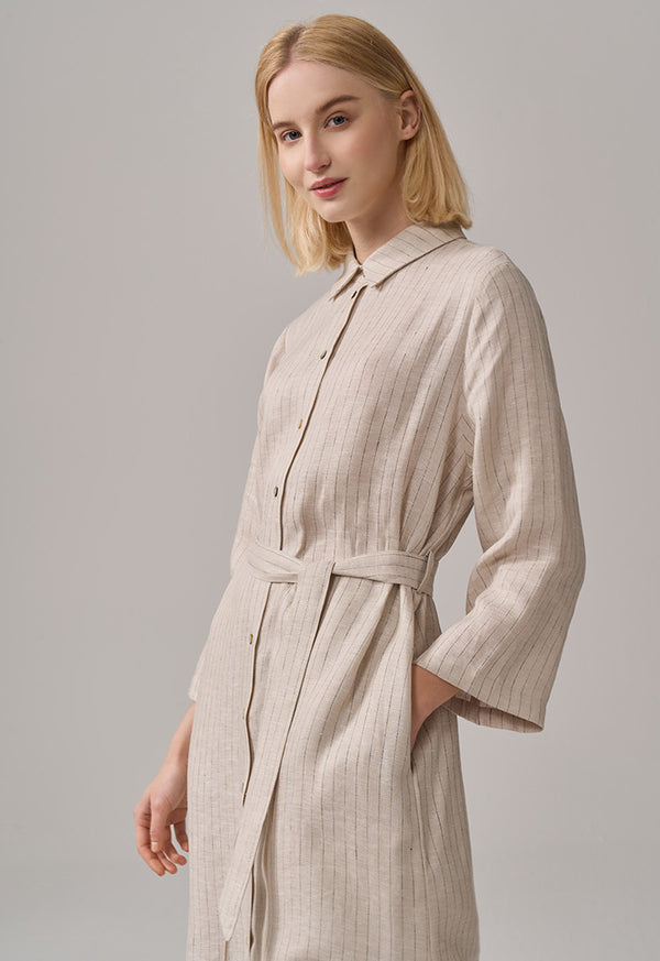 Choice Striped Long Sleeve Belted Shirt Dress Beige