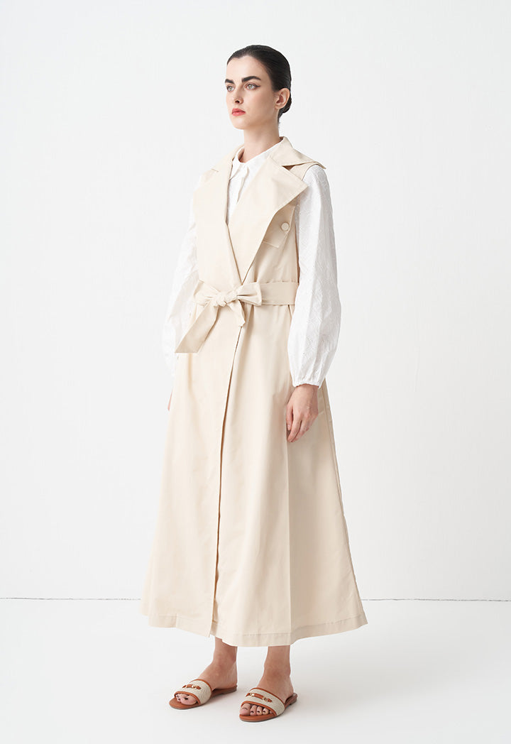 Choice Solid Sleeveless Belted Jacket Beige