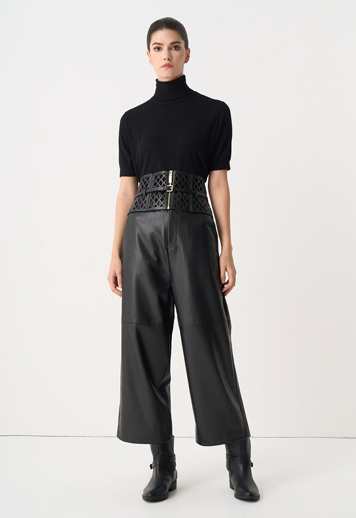 Choice Solid Leather Wide Legs Trousers Black