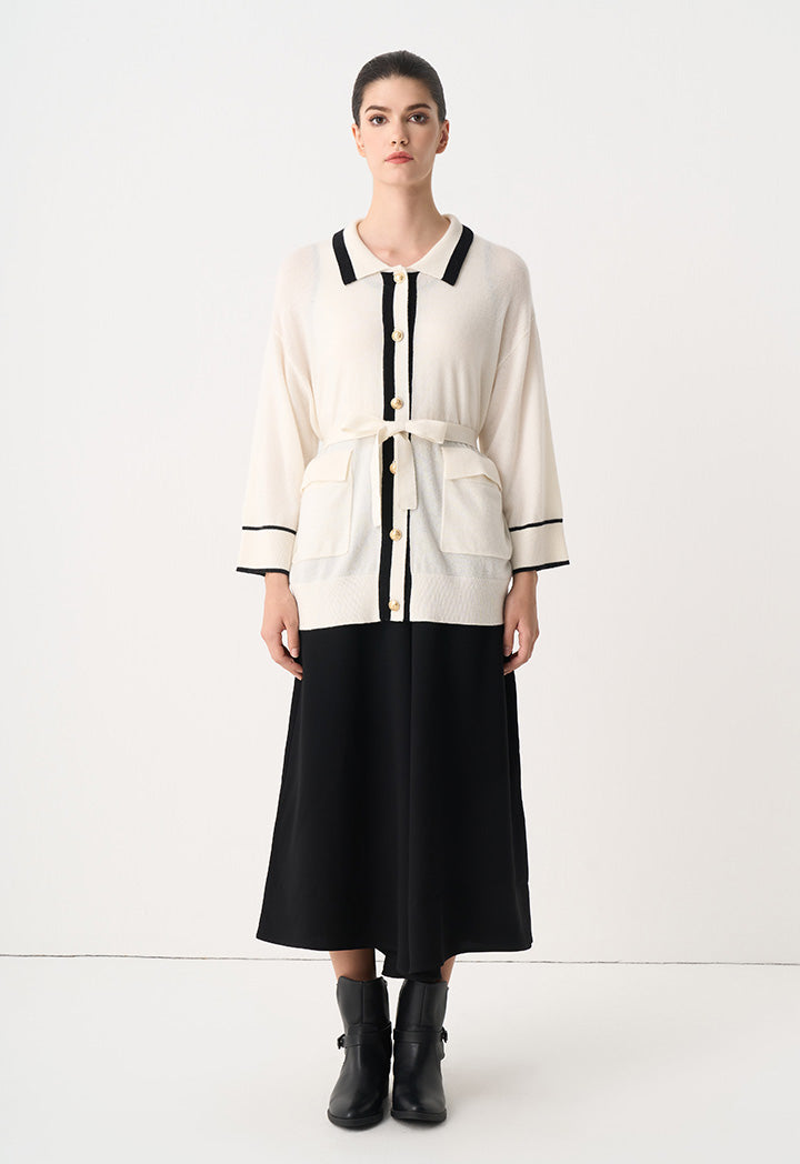 Choice Contrast Knitted Belted Cardigan Cream