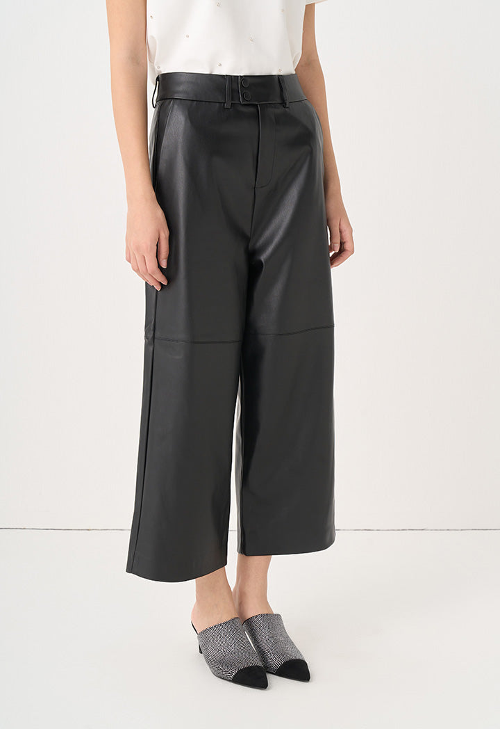 Choice Solid Leather Wide Legs Trousers Black