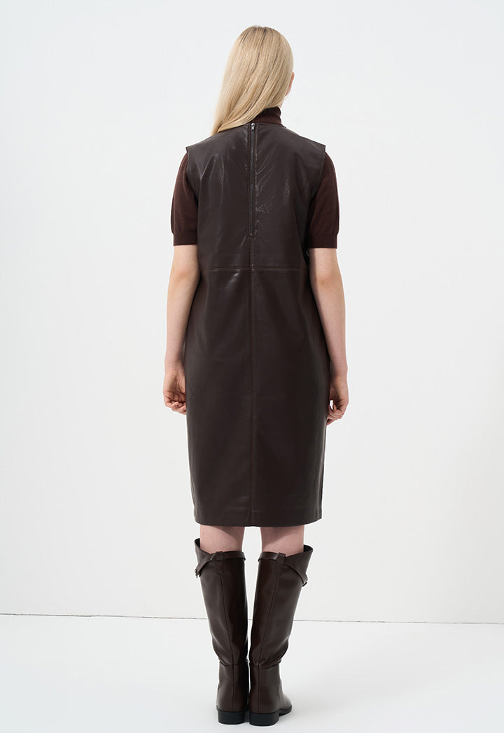 Choice Solid Sleeveless Leather Dress Brown