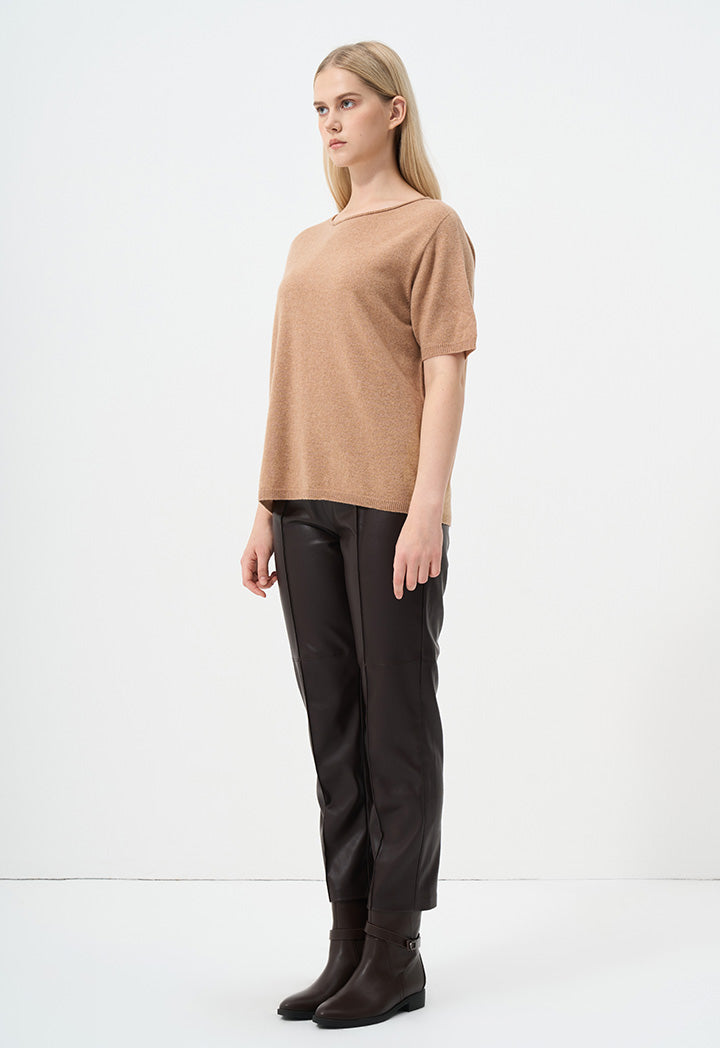 Choice Solid Short Sleeves Knitted Top Camel