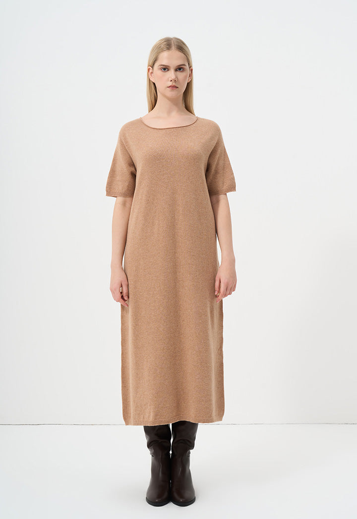 Choice Short Sleeves Knitted Dress Camel