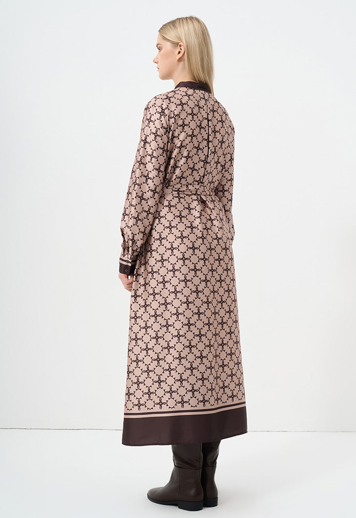 Choice Monogram Printed Belted Maxi Dress Brown-Beige