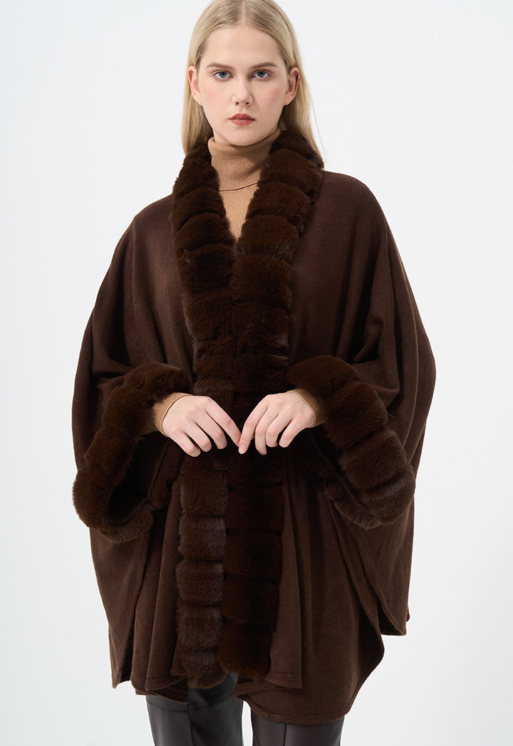 Choice Knitted Faux Fur Embellished Poncho Brown