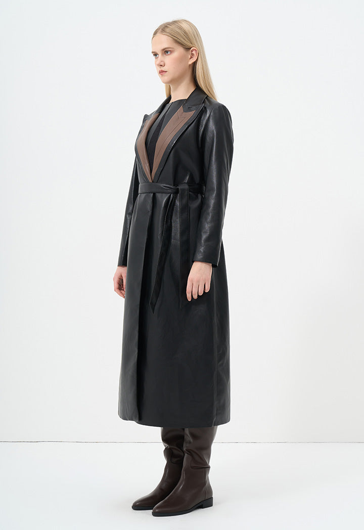 Choice Contrast Leather Double Breasted Belted Coat Black