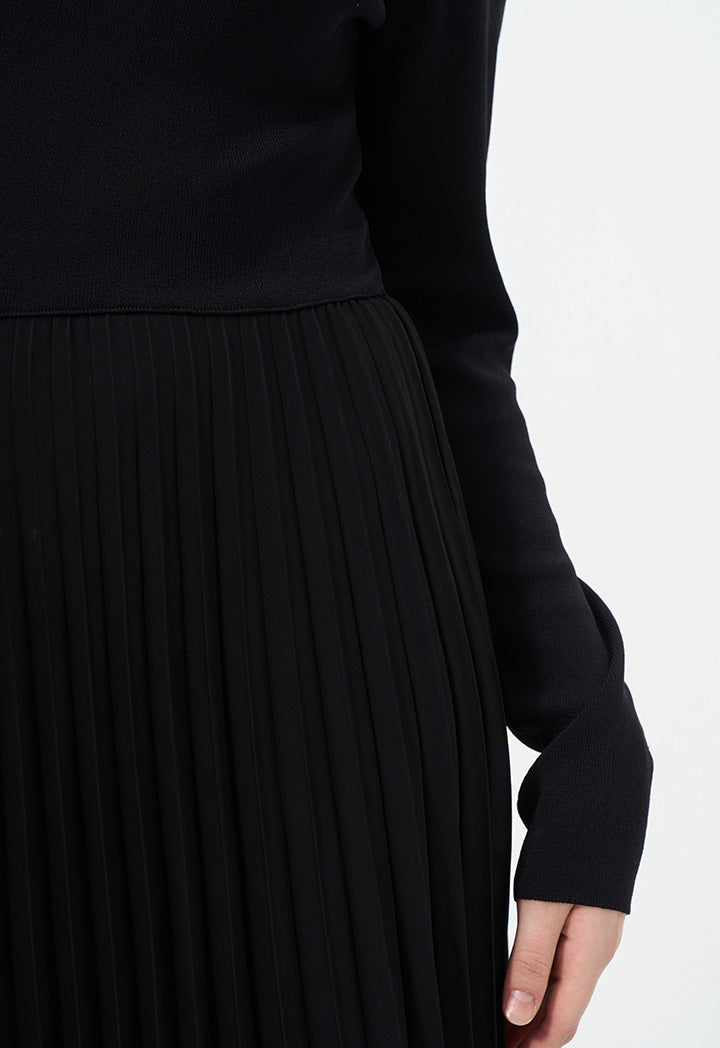 Choice Pleated Solid Long Sleeve Dress Black