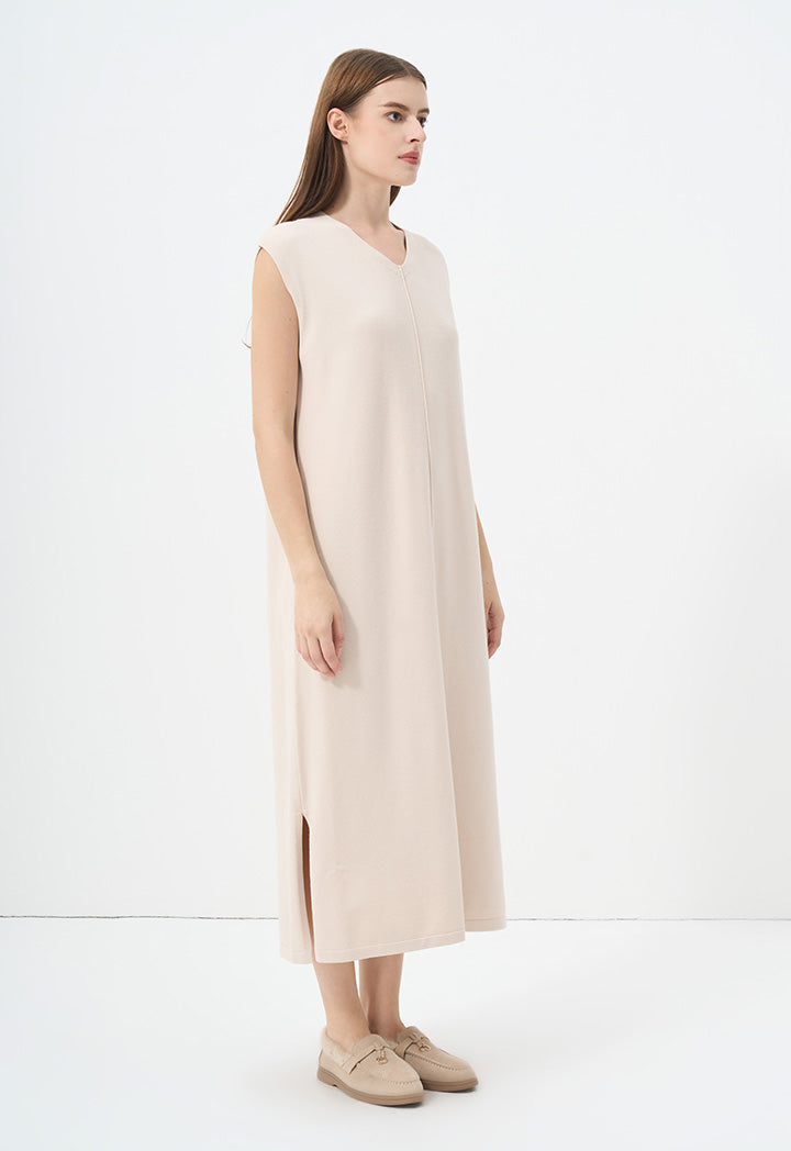 Choice V-Neck Sleeveless Knitted Dress Beige