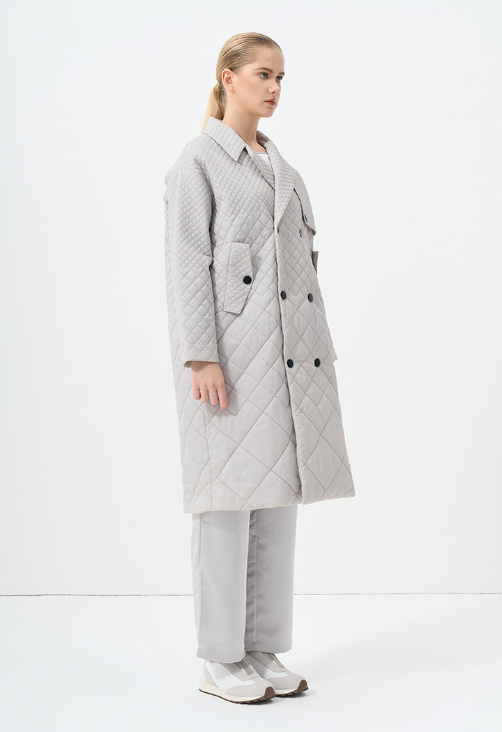 Choice Double Breasted Solid Midi Jacket  Grey