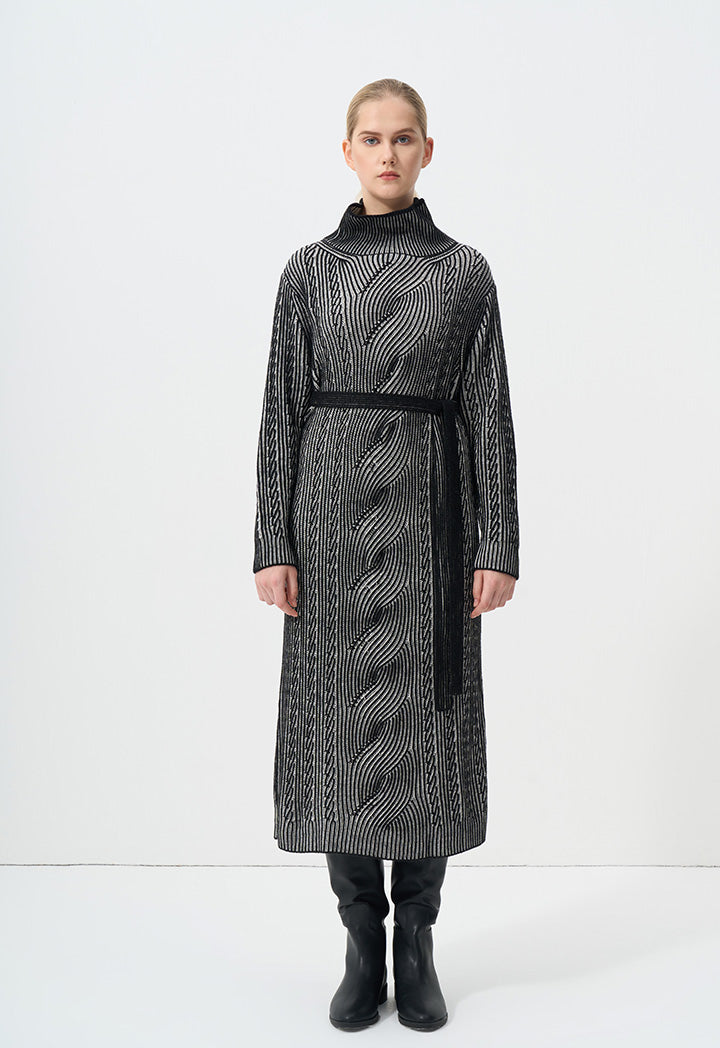 Choice Knitted Contrast Belted Maxi Winter Dress Black-White