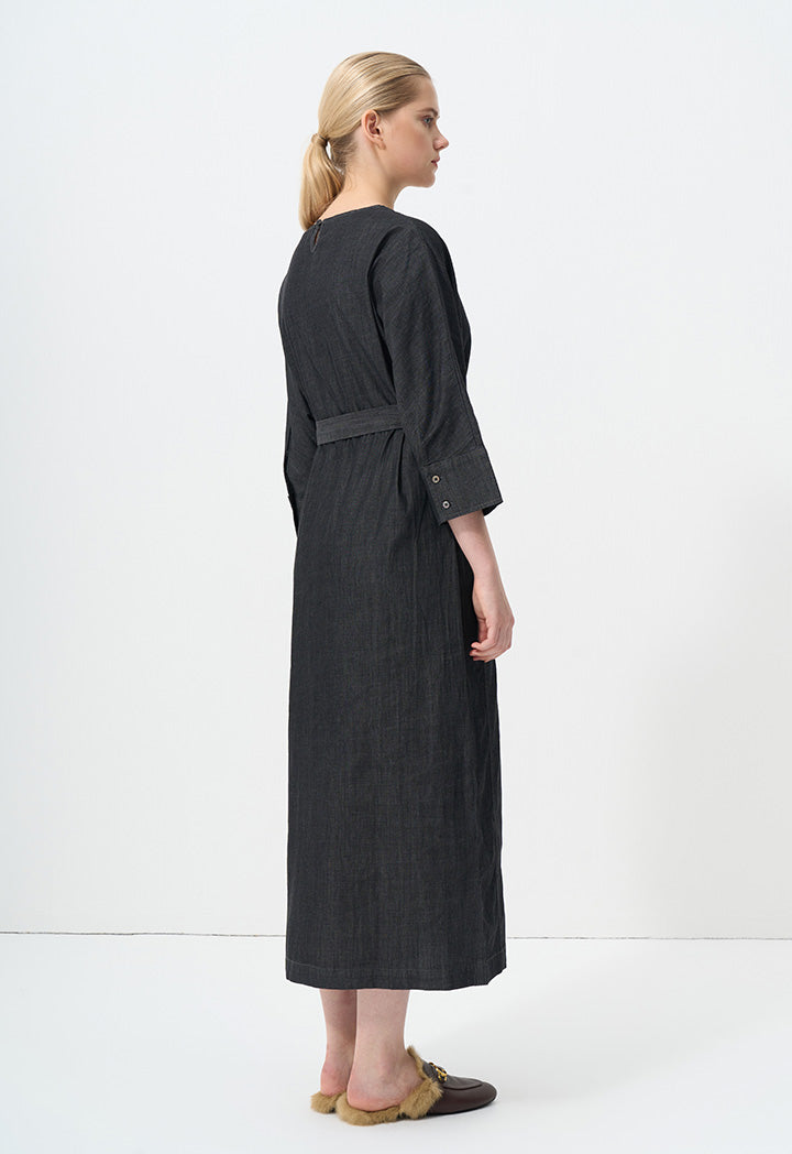 Choice Solid Long Sleeves Belted Dress Black