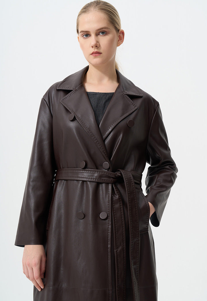 Choice Synthetic Leather Belted Maxi Trench Coat Brown