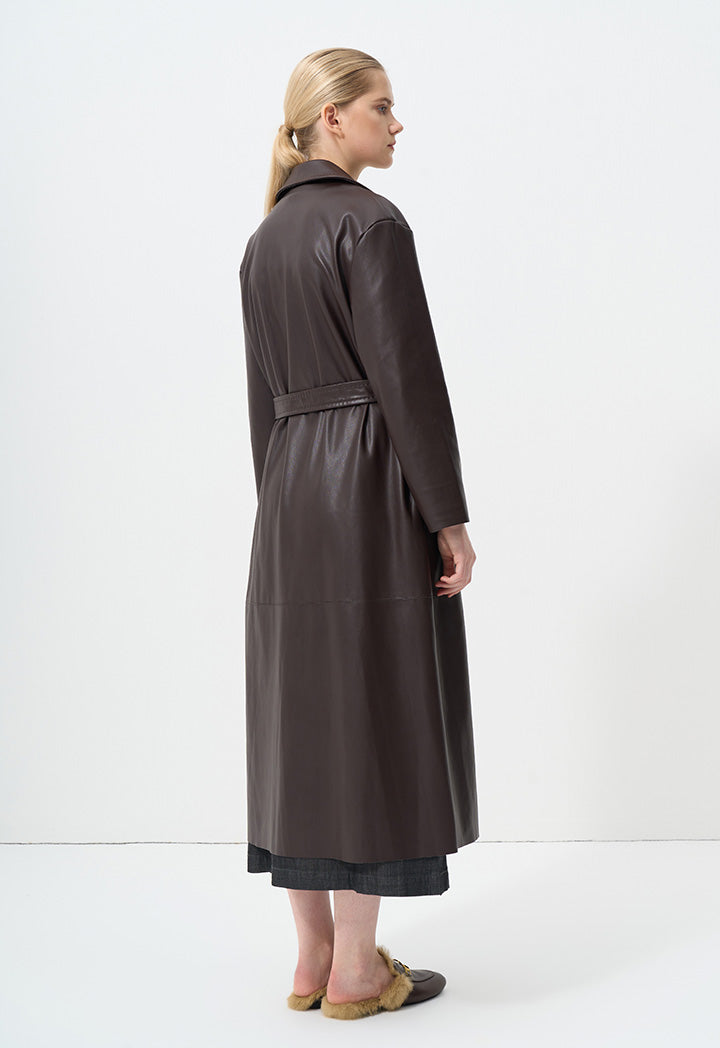 Choice Synthetic Leather Belted Maxi Trench Coat Brown