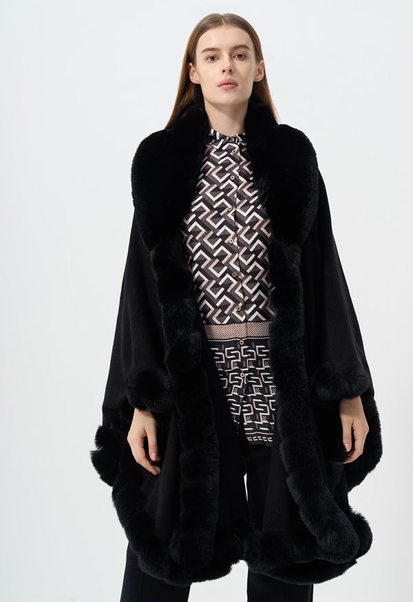 Choice Faux Fur Embellished Poncho Black