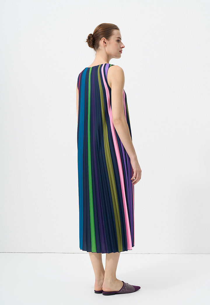 Choice Pleated Sleeveless Printed Dress Multi Color