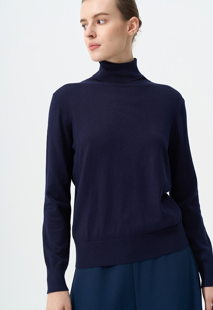 Choice Single Tone High Neck Knitted Top Navy