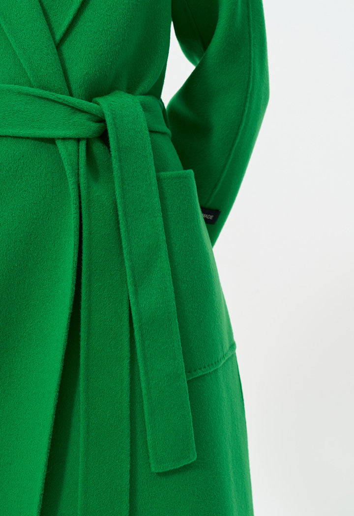 Choice Single Tone Long Sleeves Belted Maxi Coat Green
