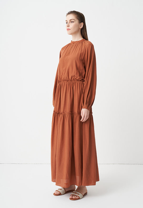 Choice Solid Dress With Tiered Detail Brick