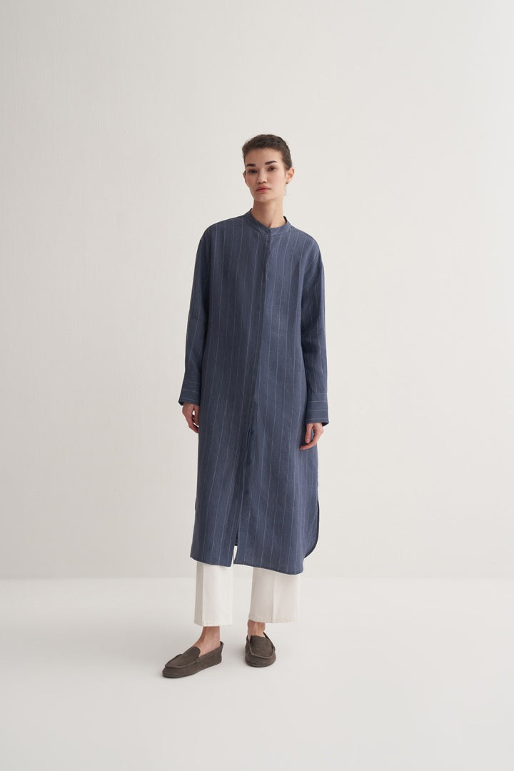 Kk Design 100% Linen Striped Shirt Dress Blue