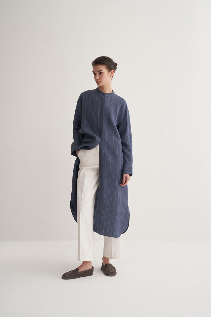 Kk Design 100% Linen Striped Shirt Dress Blue