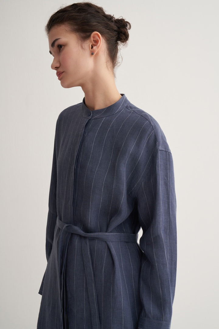 Kk Design 100% Linen Striped Shirt Dress Blue