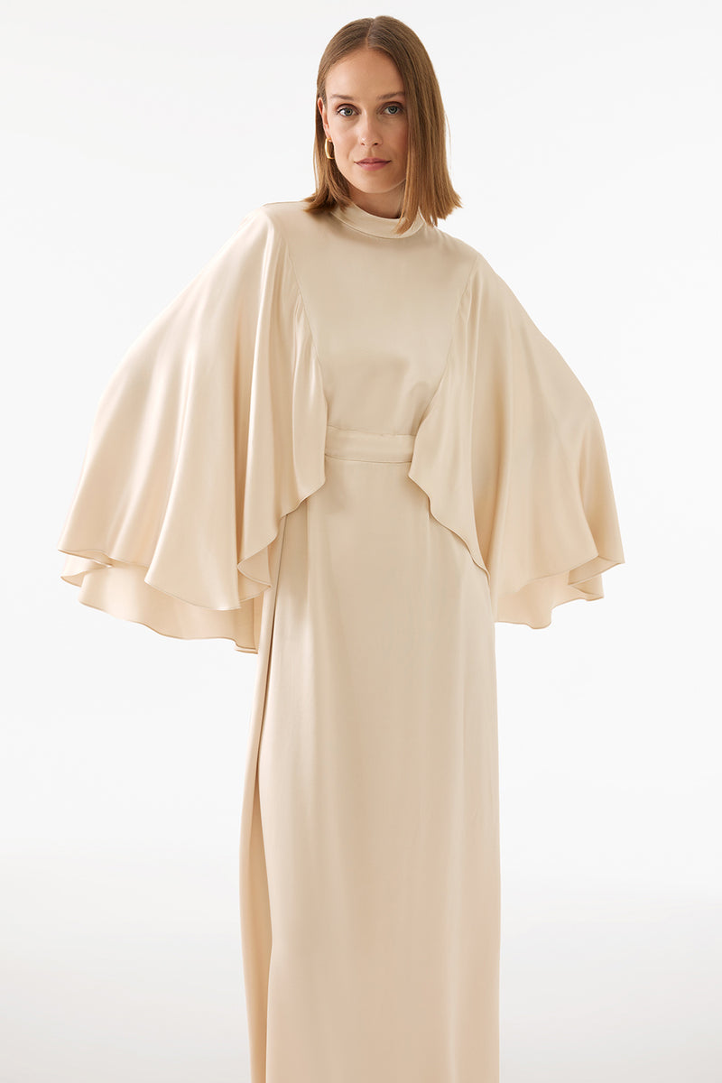 Perspective Stand-Up Collar Maxi Dress Beige