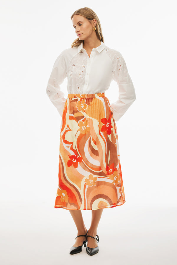 Perspective  Midi Floral Cotton Skirt Multi Color