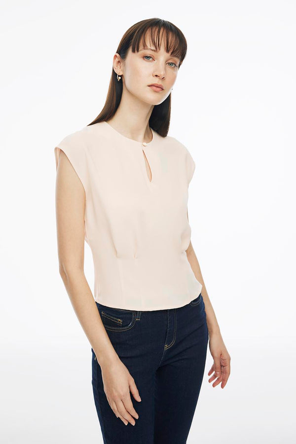 Perspective Round Neck Cap Sleeve Blouse Apricot