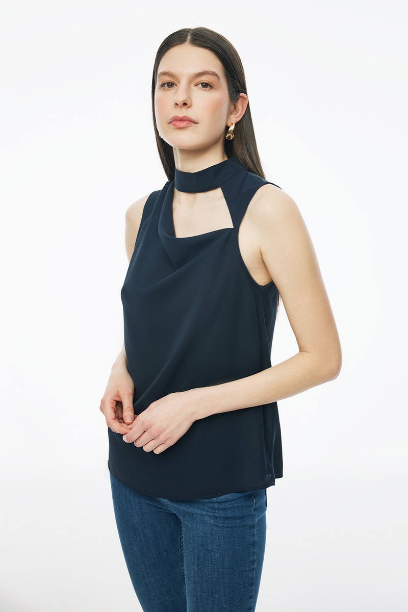 Perspective Stand-Up Collar Regular Length Blouse Dark Blue
