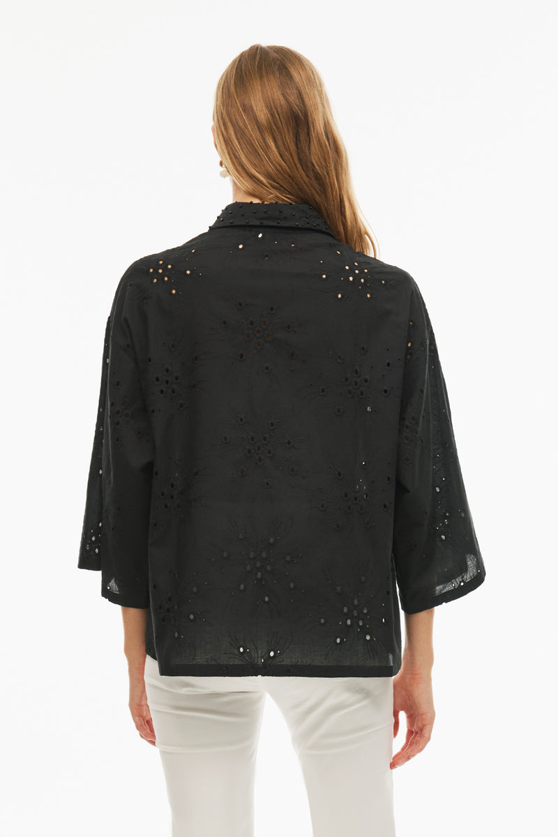 Perspective Drop Shoulder Three-Quarter Sleeve Cotton Shirt Black
