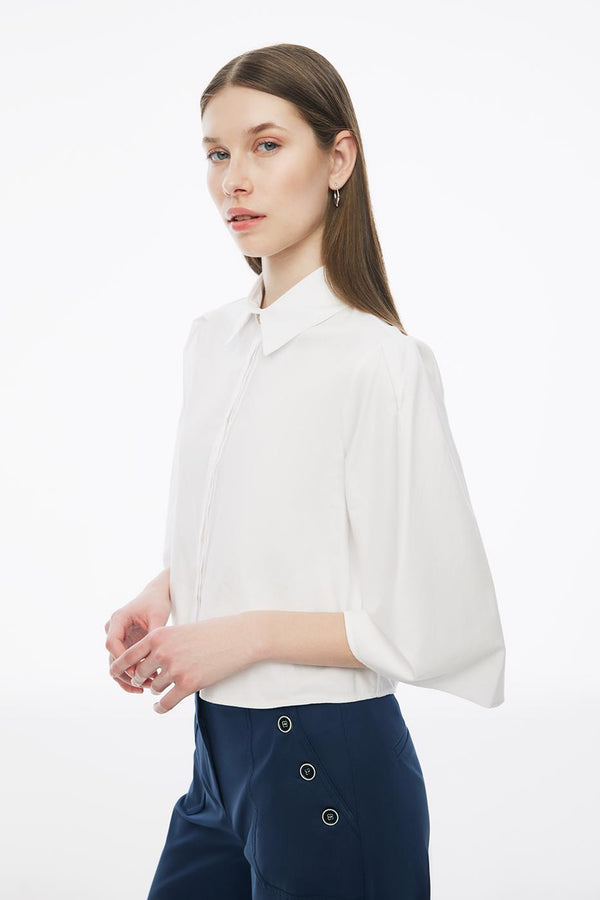 Perspective Short Cotton Three-Quarter Sleeve Shirt White