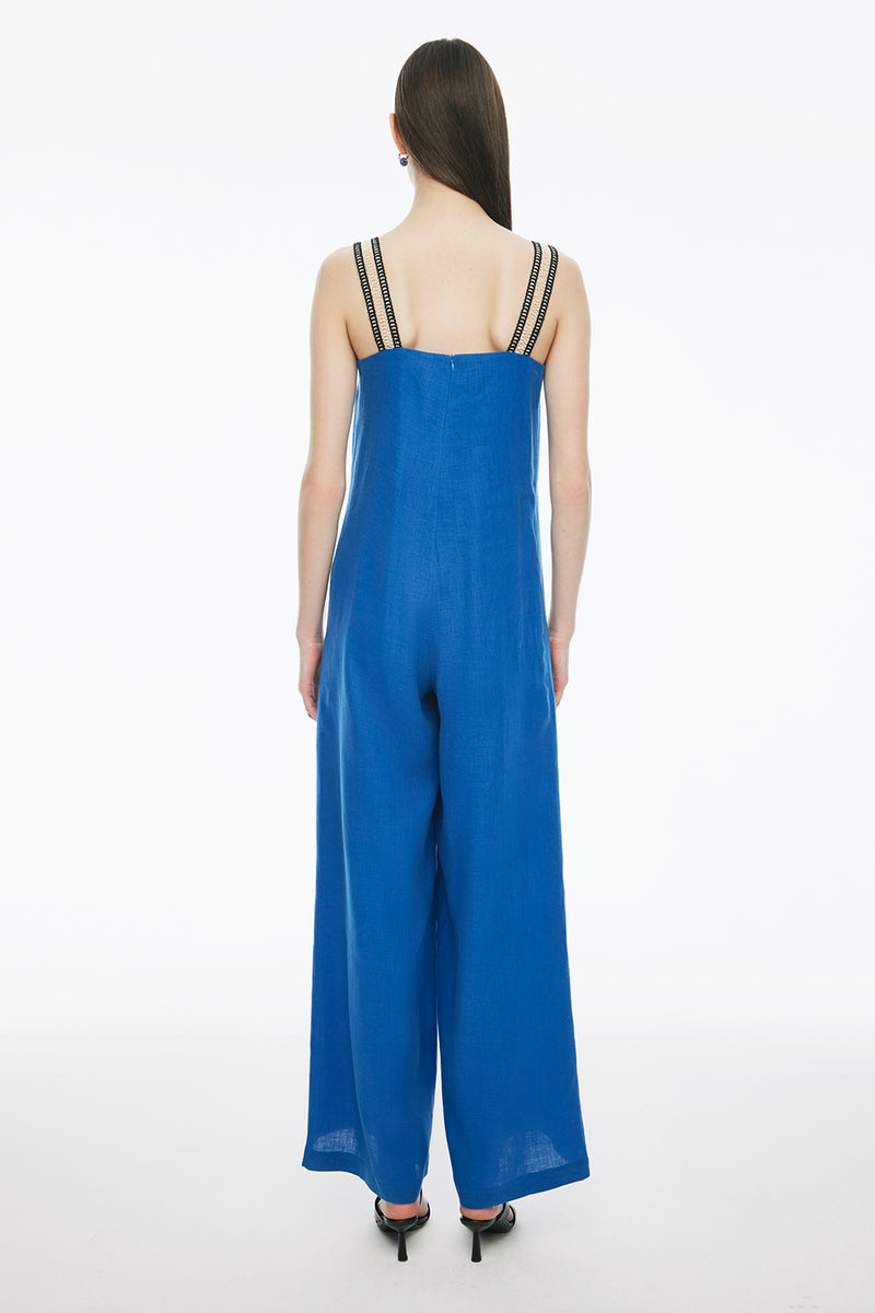 Perspective  Relaxed Fit Wide Leg Linen Jumpsuit Blue