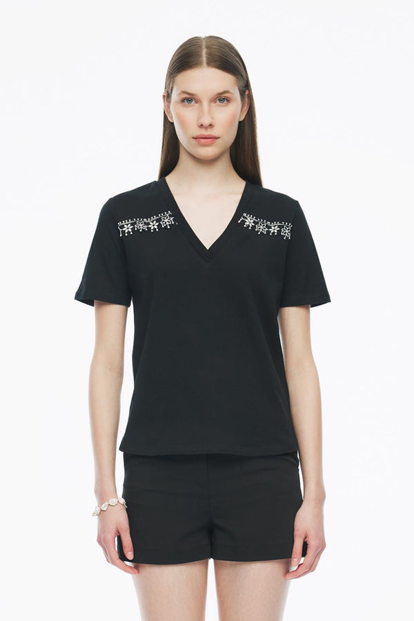 Perspective V-Neck Short Sleeve Cotton T-Shirt Black