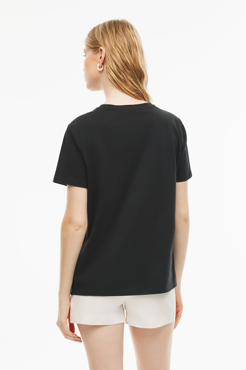 Perspective Round Neck Embroidered Cotton T-Shirt Black
