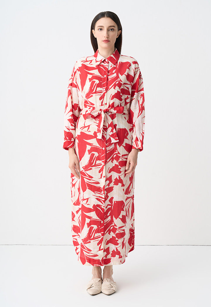 Choice Printed Belted Shirt Dress Red